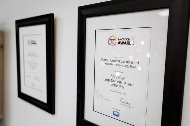 Framed Northern Ireland Electrical Awards 2021 certificate awarded to Derek Burnside Electrical Ltd
